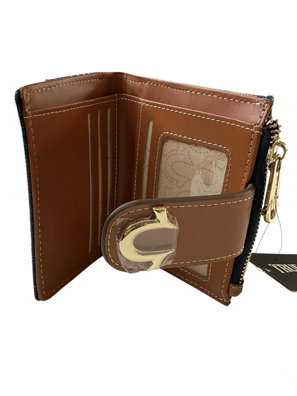 True Religion Navy Denim and Brown Leather Logo Snap Wallet